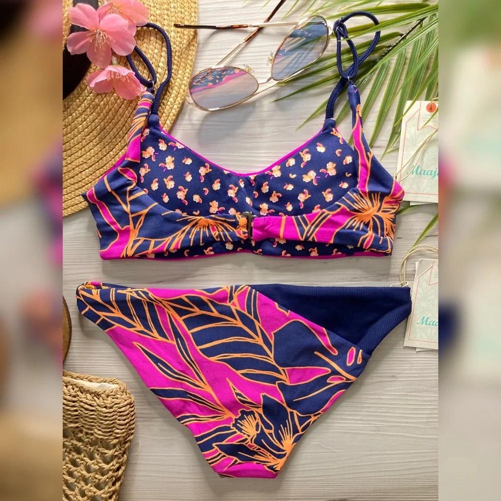 RARE Maaji • Tropical Reversible Dainty Bralette Top | Thin Side Bikini Bottoms